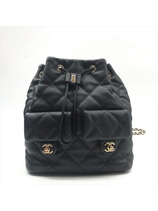 Chanel Quilted Lambskin CC Logo Drawstring Chain Backpack Pack Black main image 5